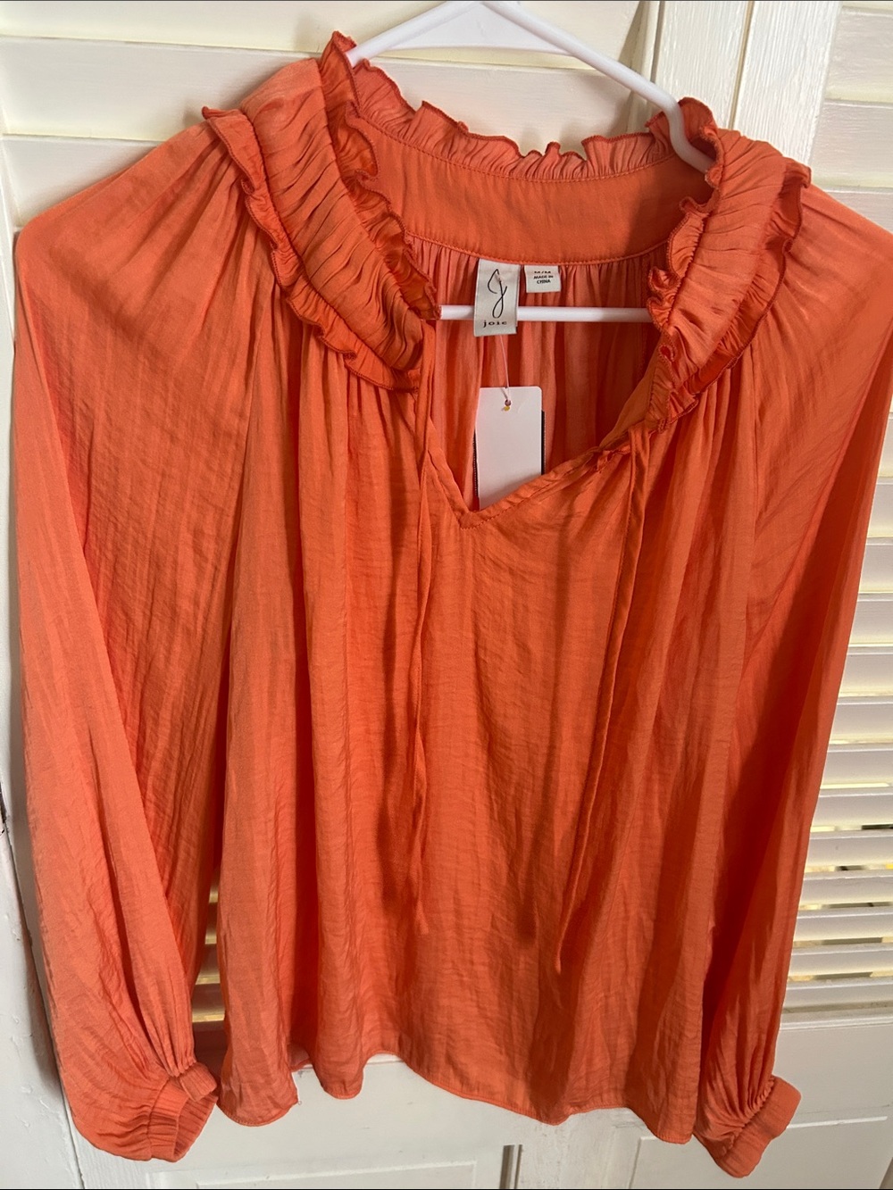 Joie Coral-Orange Ruffle Neck Long-Sleeve Blouse